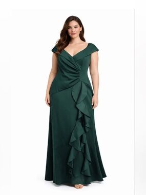 Xscape scuba Forest Green Off-the-Shoulder Ruffle Evening Gown – Size 14  NWT